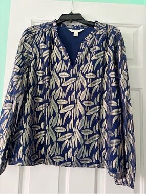 Lilly Pulitzer Navy Blouse with Metallic Gold Leaf Print
